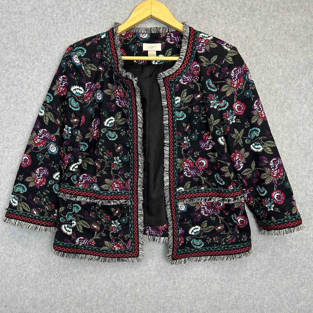 LOFT Jacket Black Dark Floral Garden Embroidered Fringe Trim Open Front Size 10